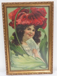 lot 37 image: 19 x 13 Framed Advertising Die Cut Victorian Woman and Flower