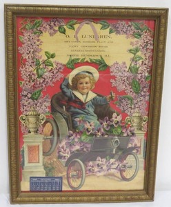 lot 38 image: Antique 17.5 x 13 Framed Die Cut Calendar - 1905 - Kid in Cart