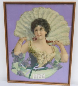 lot 40 image: Antique 20 x 15.5 Framed Die Cut Calendar Lady - 1906