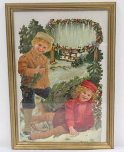 lot 42 image: Antique 20 x 14 Framed Die Cut Children in Winter Scene