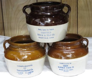 lot 181 image: 3 Advertising Stoneware Bean Pots Iowa & Minnesota