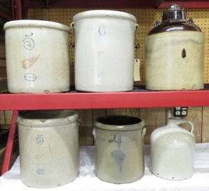 lot 182 image: 6 Large Red Wing & Other Stoneware Crocks-Damaged