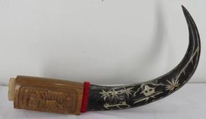 lot 145 image: Vintage Philippines Water Buffalo Carved Horns on Wood Base