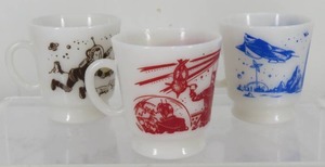 lot 148 image: Lot of 3 Vintage 1950s Hazel Atlas Milk Glass Space Mugs
