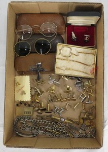 lot 89 image: Mens Cufflinks Sets, Tie Clips, Bracelets, Vintage Gold Filled Eye Glasses