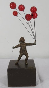 lot 108 image: Curtis Jere Signed Boy w Balloons Table Sculpture Bronze Missing 1 Balloon