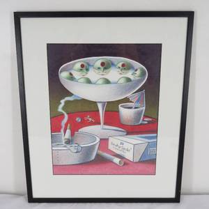lot 113 image: Artist Banks Surrealism Framed Chalk Martini & CigarettePills Original Art