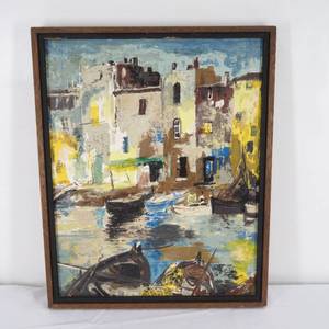 lot 115 image: Original Art Painting Spanish Artist City, Water Canal Scene