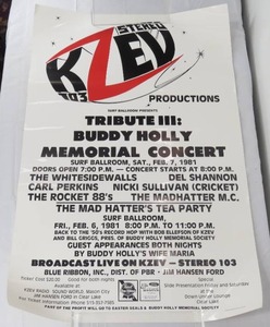 lot 123 image: Vintage 1981 KZEV 103 Buddy Holly Tribute Poster 38 x 25