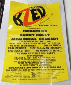 lot 124 image: Vintage 1981 KZEV 103 Buddy Holly Tribute Poster 38 x 25 Yellow
