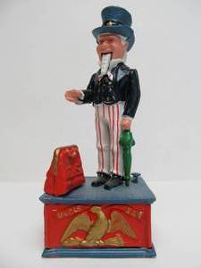 lot 9 image: Antique Style UNCLE SAM Mechanical Cast Iron Coin Bank