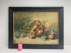 lot 84 image: Framed Original Antique Painting on Canvas - Still Life wRoses