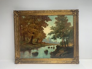 lot 85 image: Excellent Old Framed Signed Oil on Canvas River Landscape Painting by Warren B. Lawler