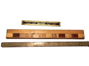 lot 171 image: 3 Old Vintage Solid Brass & Inlaid Wood Rulers