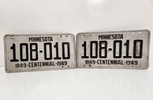 lot 94 image: Matching Pair of 1949 Minnesota Centennial Aluminum License Plates