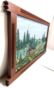 lot 192 image: Excellent Vintage 1950s Oil on Canvas Folk Art Log Cabin Painting 