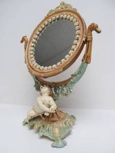 lot 130 image: Ornate old Vintage 1920s era Art Nouveau Cast Iron Vanity Mirror wCherubs