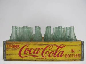 lot 138 image: Old Vintage Yellow Wood COCA COLA Soda Crate FULL of Minneapolis Bottles