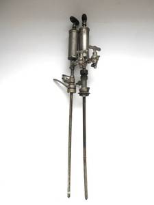 lot 293 image: 2 Early Tin Plate Bar-Back Beer Dispensers wWood Handles