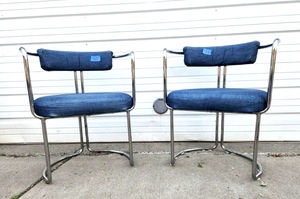 lot 358 image: Very Cool Mid Century Tubular Chrome Armchairs wDenim Upholstery