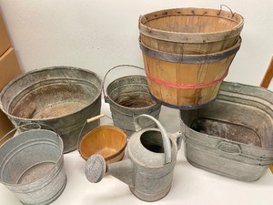 lot 383 image: Large Group of Primitive Galvanized Items Bushel Baskets etc