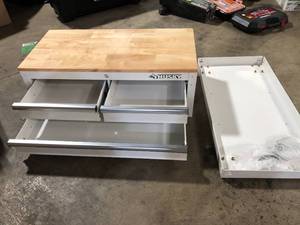 lot 27 image: Husky 36 in. 3-Drawer with Solid Wood Top in Gloss White Utility Cart No Keys and Missing Parts Customer Returns See Picture