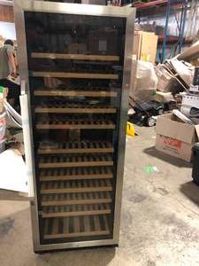 lot 30 image: 23 in. 138-Bottle Stainless Steel Dual Zone Wine Refrigerator by LANBO Customer Returns See Picture
