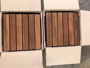 lot 41 image: Lot of  2   BTMWAY 12 in. x 12 in. Square Acacia Wood Interlocking Patio Deck Tile Outdoor Striped Pattern Flooring Tile Pack of 10 Tiles Customer Returns See Picture