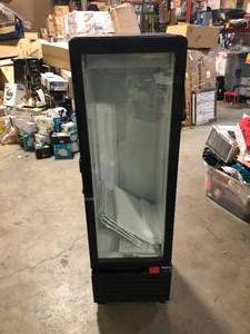 lot 44 image: Premium LEVELLA 4.9 cu. ft Commercial Upright Display Frost Free Refrigerator Glass Door Beverage Cooler with LED Light Strip in Black  Customer Returns See Picture