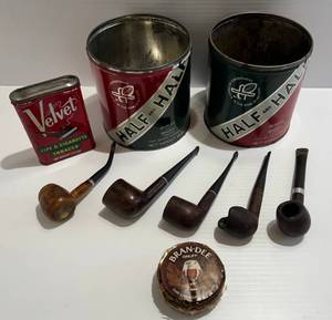 lot 3 image: Group Of Misc. Vintage Tobacco Items Including Pipes, Very Old Bran-Dee Snuff In Original Pack And More