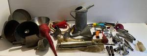 lot 10 image: Group Of Galvanized Funnels  And More