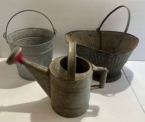 lot 12 image: Three Vintage Galvanized Items Including Watering Can And More
