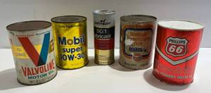 lot 21 image: Group Of Misc. Vintage Motor Oil Cans And More Including Phillips 66, Johnson & More