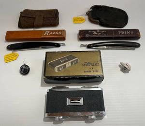 lot 25 image: Group Of Antique & Vintage Items Including Straight Razors, Sport Glasses And More