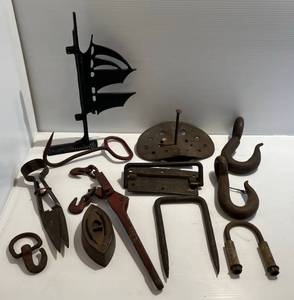 lot 46 image: Group Of Primitive Metal Items Including Miniature Metal Tractor Seat