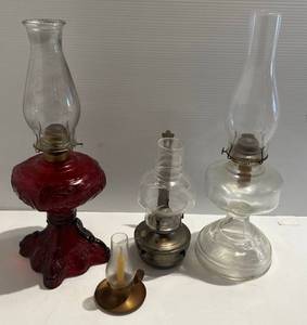 lot 151 image: Group Of Misc. Glass Oil Lamps Including Red Glass And More