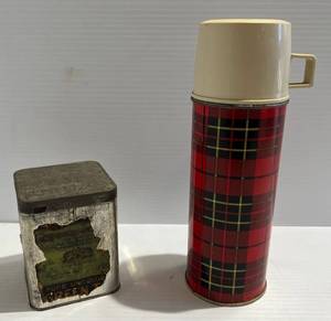 lot 166 image: Antique Liptons Tea Tin Container And Vintage Plaid Thermos