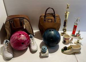 lot 182 image: Vintage Bowlers Group including Two Galaxie 300 Balls 1 Pink 1 Blue, Trophies And More