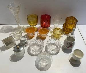 lot 186 image: Group Of Misc. Vintage Glass Items Including Indiana Glass Amber, Fire-King And More