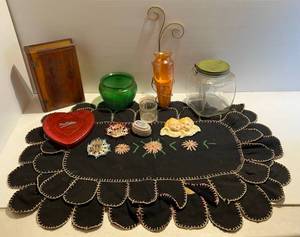 lot 188 image: Group Including Vintage Bottle With Lid, Amber Colored Glass & Metal Wall Vase (Some Paint Wear) And More