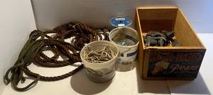 lot 190 image: Vintage High Hand Pears Wooden Crate With Misc. Rope And More