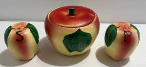 lot 238 image: Hull Pottery Set Blushing Apple Canisters Cookie Jar And Salt & Pepper