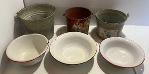lot 248 image: Vintage Galvanized Buckets And Enamel Bowls
