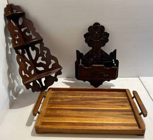 lot 263 image: Group Of Vintage Wood Items Including Decorative Wood Shelves And Teakwood Serving Tray