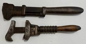lot 289 image: Vintage Erie Tool Works Curved Jaw Combination Wrench (Has Workers Initials) And Intermediate Monkey Wrench Possibly Railroad