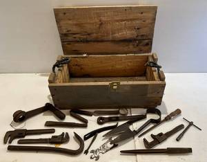 lot 295 image: Vintage Wood Military (57 MM Smoke) Ammo Crate With Vintage Tools