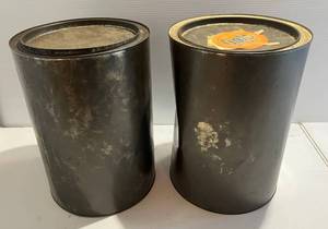 lot 311 image: Vintage Metal Flour Canisters 1 Gold Metal Paper Label Taped To It