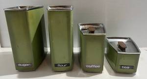 lot 312 image: Vintage Green Tin Canister Set 4 Total