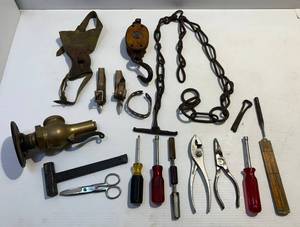 lot 108 image: Vintage Misc.Items Including Solid Brass Steam Wistle Base, Corn Shucking Gloves, Wood Pulley & Moire
