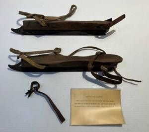 lot 111 image: Antique Hand Made Wood Ice Skates With Raw Hide Leather Straps